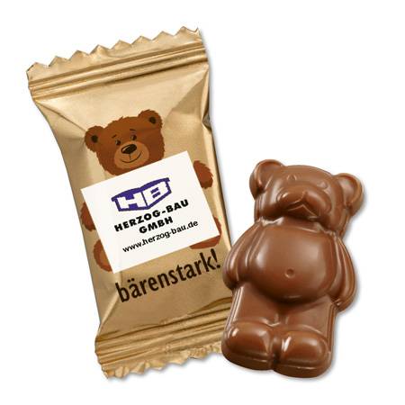 Bären aus feinster Schokolade mit Kunden-Logo bedruckt.