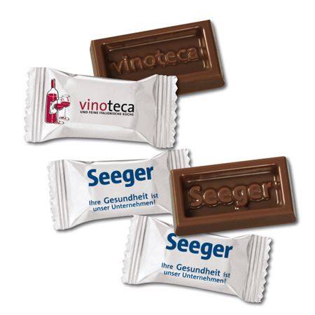 Edelvollmilch-Schoko-Täfelchen mit Logo in Schokolade und Werbedruck