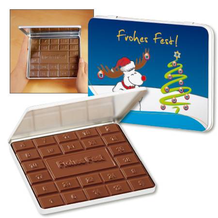 110g Adventskalender-Schokolade in der Werbe-Dekordose