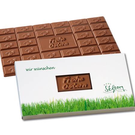 Schokoladentafel 150g "Frohe Ostern" im Werbe-Präsentkarton